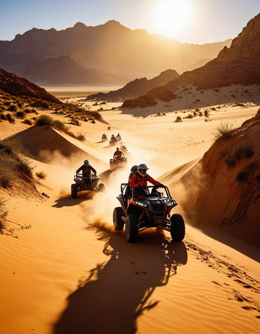 A vibrant scene showcasing extreme desert adventure sports: a group of rugged adventurers navigating scorching sand dunes with the sun blazing overhead, wearing lightweight, high-tech gear, accompanied by their off-road vehicles. Cacti and rocky outcrops dot the landscape. Super-realistic. Vibrant colors.