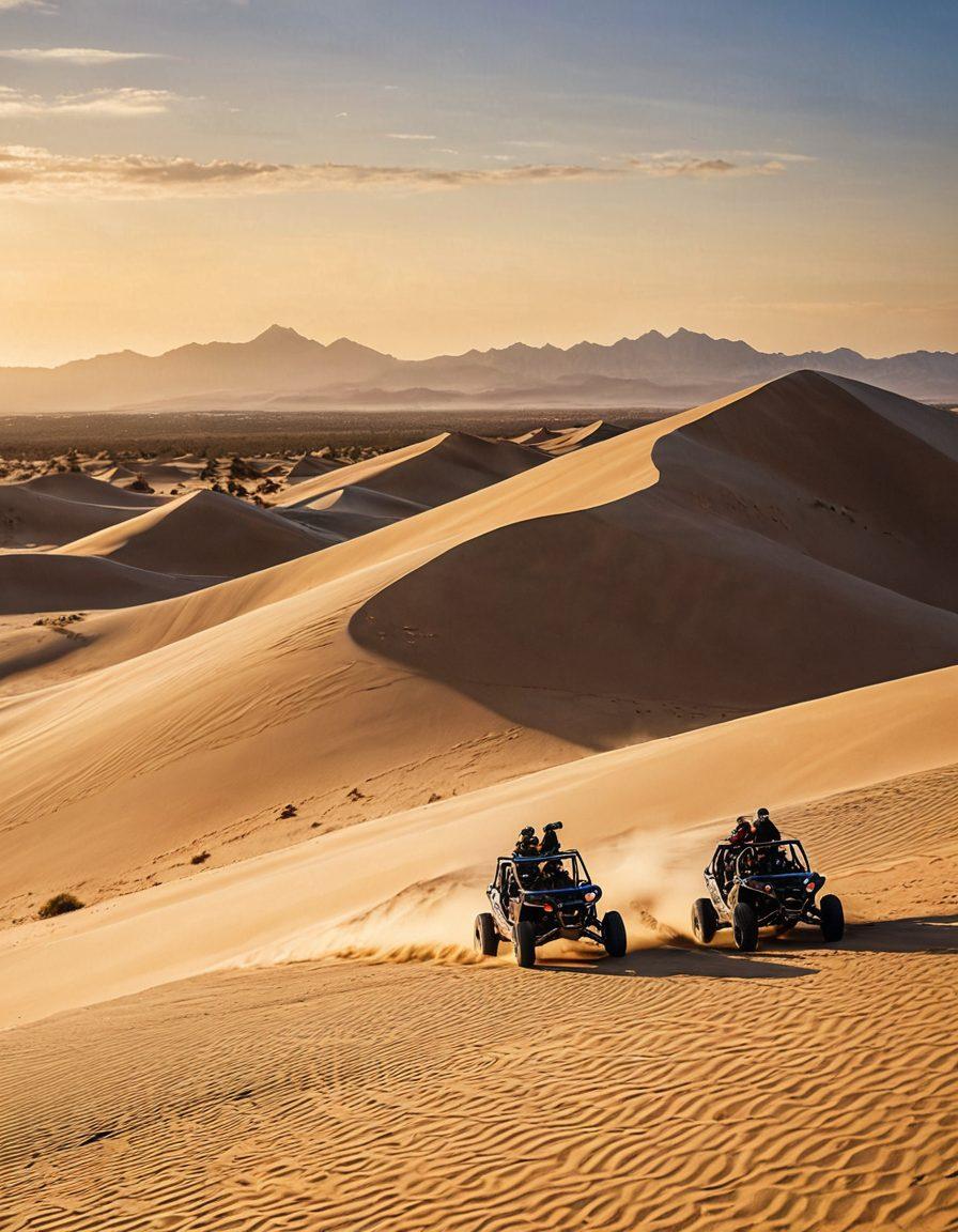 A thrilling depiction of adventure sports in the desert, featuring dune buggies racing across vast sandy landscapes, sandboarders gliding down steep dunes, and a group of people engaged in extreme fitness activities like hiking and rock climbing against a backdrop of towering sand dunes and a setting sun. vibrant colors. super-realistic.