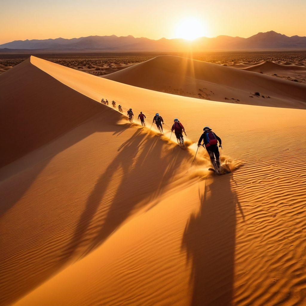 A group of adventurous individuals sandboarding down a massive dune, while others cycle through rugged desert terrain with the golden sun setting in the background. The scene should capture the dynamic energy and excitement of both activities, with sweeping views of the arid landscape. vibrant colors. super-realistic.